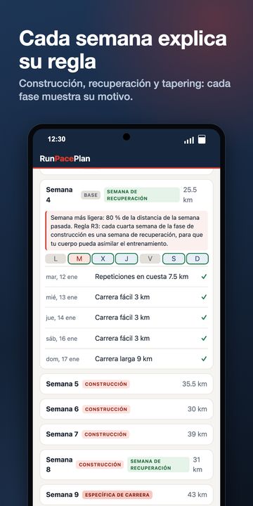 App RunPacePlan en Android: plan de entrenamiento con la regla de cada semana, tabla de ritmos ajustada a las cuestas, calculadoras y pulsera imprimible
