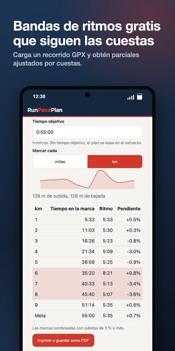 App RunPacePlan en Android: plan de entrenamiento con la regla de cada semana, tabla de ritmos ajustada a las cuestas, calculadoras y pulsera imprimible