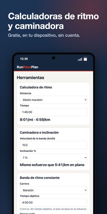 App RunPacePlan en Android: plan de entrenamiento con la regla de cada semana, tabla de ritmos ajustada a las cuestas, calculadoras y pulsera imprimible