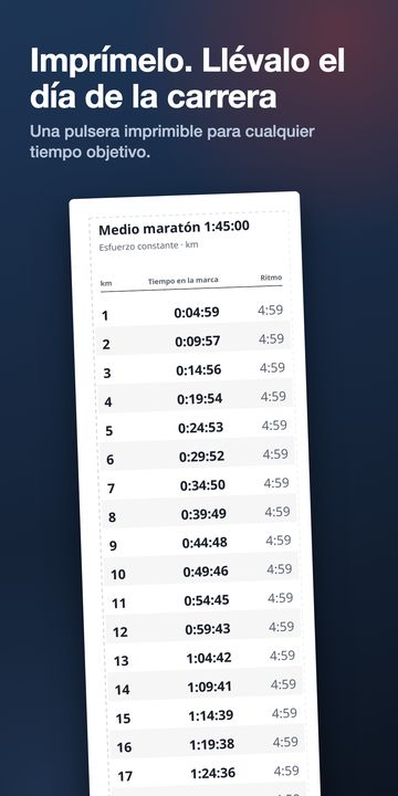 App RunPacePlan en Android: plan de entrenamiento con la regla de cada semana, tabla de ritmos ajustada a las cuestas, calculadoras y pulsera imprimible