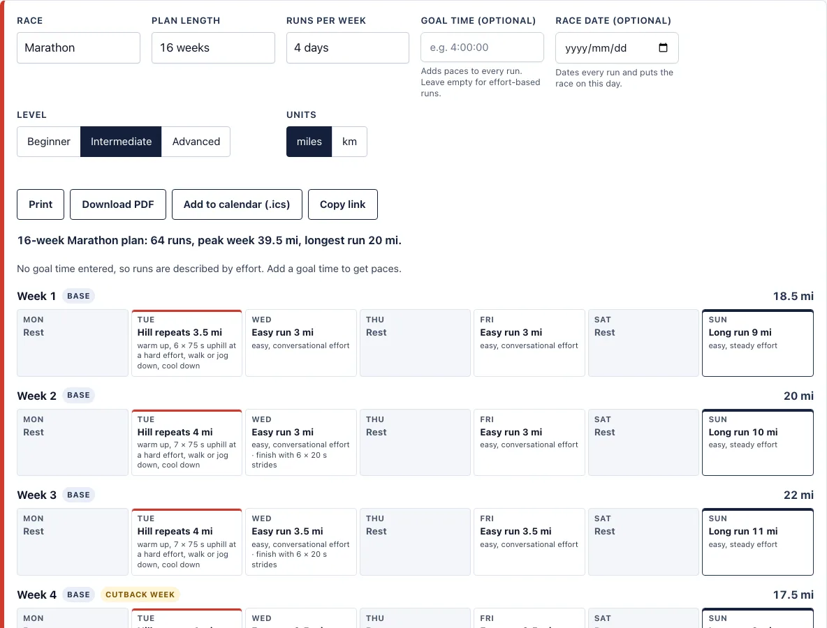 16 week marathon training plan example
