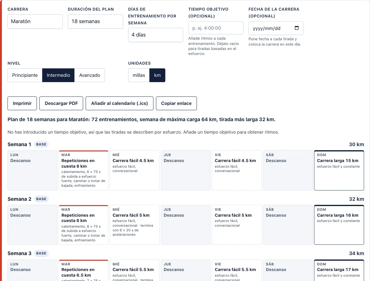 Generador de plan de entrenamiento maratón example