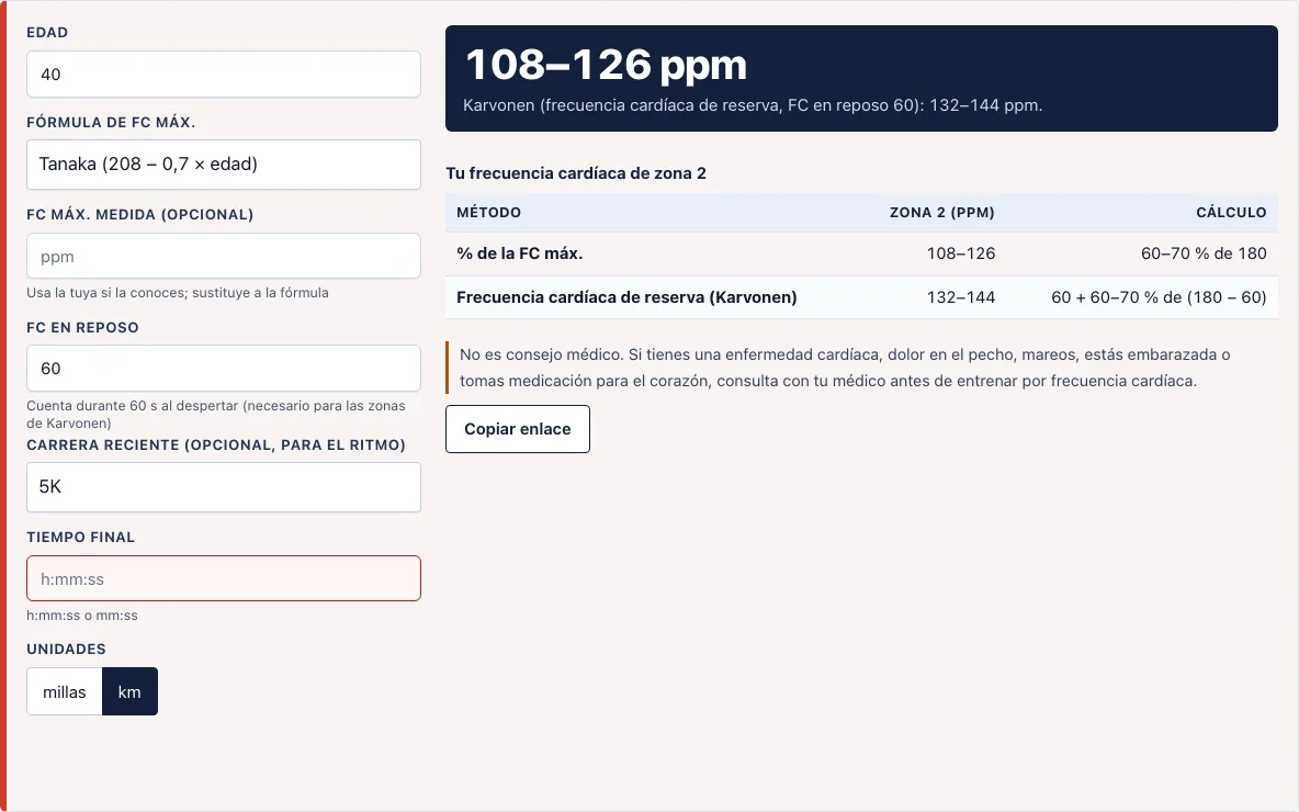 Calculadora de zona 2 frecuencia cardíaca example