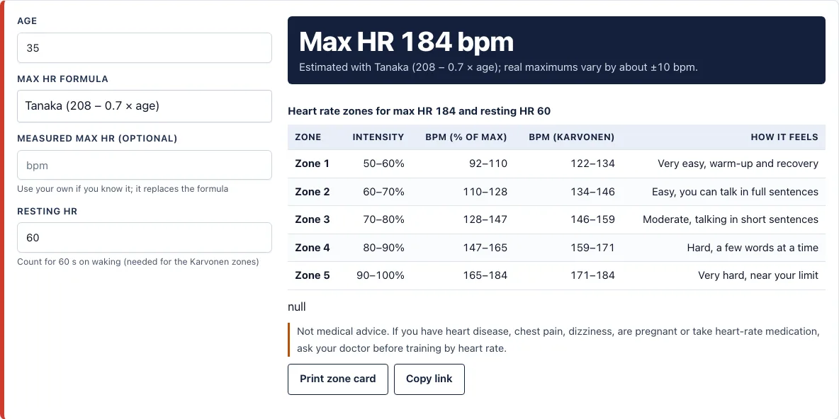 Heart rate zone calculator example