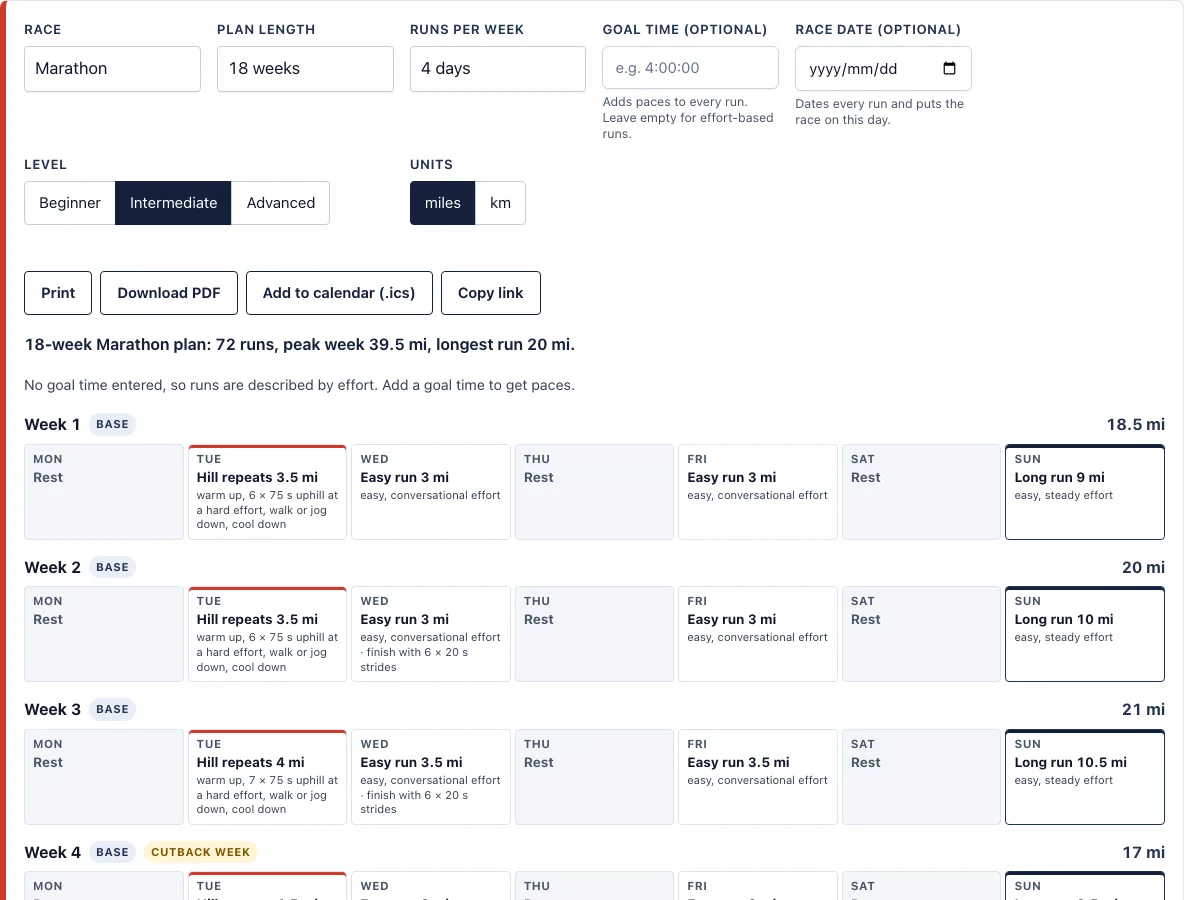 Marathon training plan example