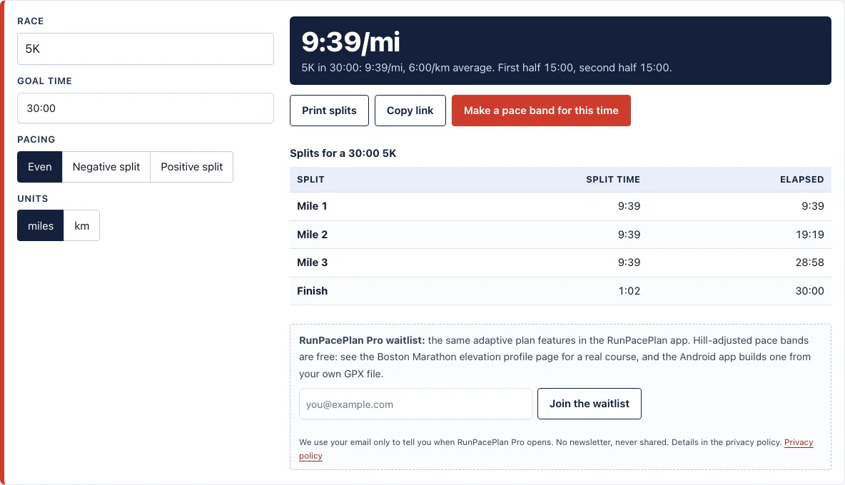 30 minute 5k pace example