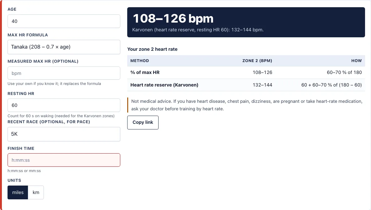 Zone 2 heart rate calculator example